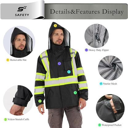 sesafety Hi Vis Rain Jacket, Rain Suits for Men Waterproof withBlack Bottom, Rain Coats for Men Interior Mesh, Class 3 HighVisibility Rain Gear,Removable Hood