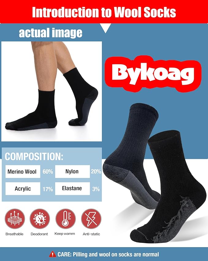 3 Pairs Men's Merino Wool Socks - Thermal Winter and Hiking Socks with Cushioned Support for Everyday Comfort