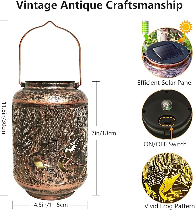Solar Lantern Outdoor Frog Garden Decor, IP65 Waterproof Hanging Solar Powered Lights Birthdays Gifts for Women Mom, Metal Decorative Light for Patio Yard Lawn Porch Backyard Christmas