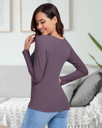 WOWENY Thermal Shirts for Women Sweetheart Fleece Lined Long Sleeve Underwear Tops Soft Warm Base Layer Cold Weather