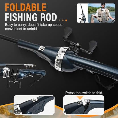Foldable Fishing Rod, 2025 New Easy Fish Collapsible Folding Pole, Pocket Telescopic Fishing Rod with Reel Combo, Rod and Wheel Integrated