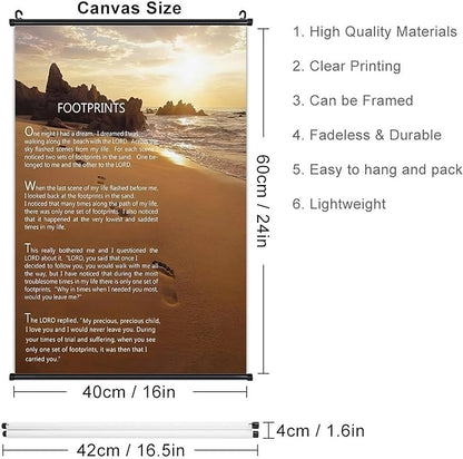 Footprints in the Sand Religious Canvas Wall Art Posters, Inspirational Beach Sunset Poem Print Poster (Black Axis 16x24inch, Footprints(2))