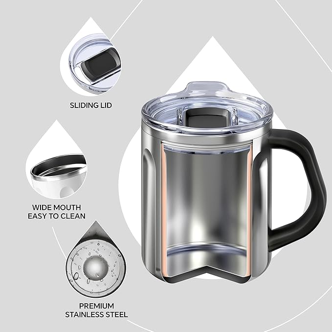 Ideus 16 oz Coffee Cup, Stainless Steel Coffee Travel Mug, Spill Proof Tea Mug with Handle and Lid, Lightweight and Durable, Great for Office Home and Outdoor Use, Snow White-FUJI FLOW
