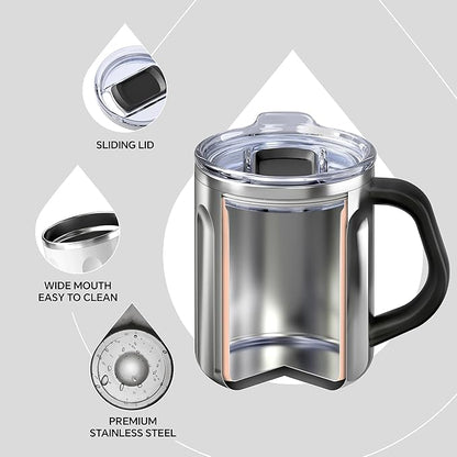 Ideus 16 oz Coffee Cup, Stainless Steel Coffee Travel Mug, Spill Proof Tea Mug with Handle and Lid, Lightweight and Durable, Great for Office Home and Outdoor Use, Snow White-FUJI FLOW