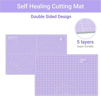 Rotary Cutter Set Purple - Quilting Kit incl. 45mm Fabric Cutter, 5 Replacement Blades, A2 Cutting Mat, Acrylic Quilting Ruler, Sewing Clips, Craft Knife Set, Ideal for Crafting, Sewing, Patchworking