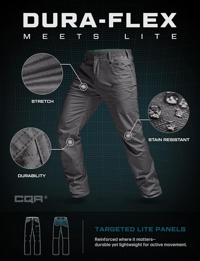 CQR Men's Flex Stretch Tactical Pants, Water Resistant Ripstop Cargo Pants, Lightweight EDC Outdoor Work Hiking Pants