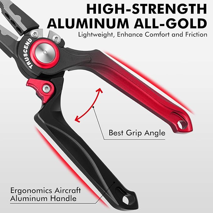 TRUSCEND Lockable Handy Fishing Pliers with Innovative Ergonomical Handle, Corrosion Saltwater Resistant Teflon Coated Fishing Tool, Multi-Function Fishing Gear with Mo-V Cutter, Fishing Gifts for Men