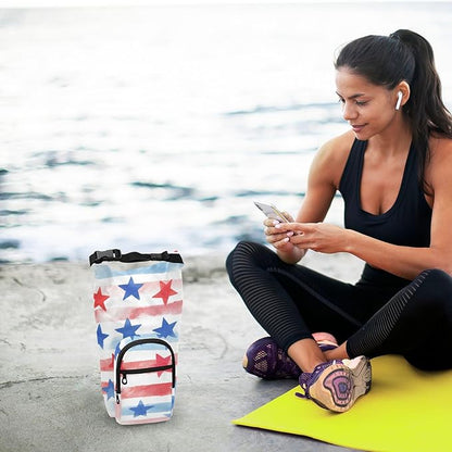 July 4th Stripes Stars White Water Bottle Holder with Strap Insulated Water Bottle Carrier Crossbody Bags Pouch with Phone Pocket for Travel Gym Hiking Walking Running