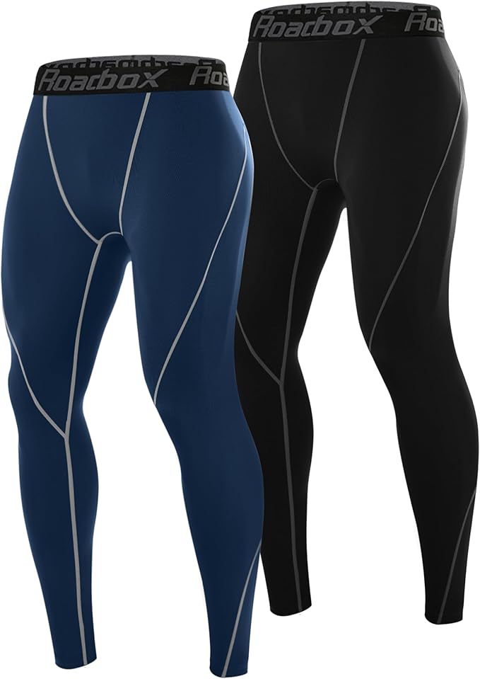 Roadbox 2 Pack Men's Compression Pants, Quick Dry Running Tights Workout Leggings, Athletic Base Layer for Gym Football Yoga