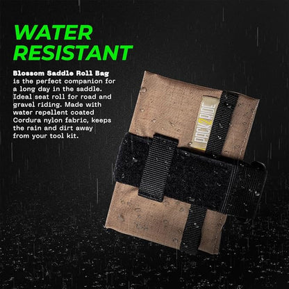 Blossom Bike Saddle Roll Bag - Bike Tool Kit Holder - Water Resistant & Durable Cordura Fabric - Under Seat cycling accessories - mountain bike accessories - ebike saddle bags (Tan)