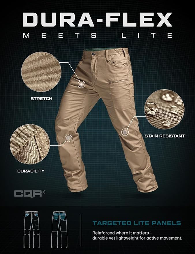 CQR Men's Flex Stretch Tactical Pants, Water Resistant Ripstop Cargo Pants, Lightweight EDC Outdoor Work Hiking Pants