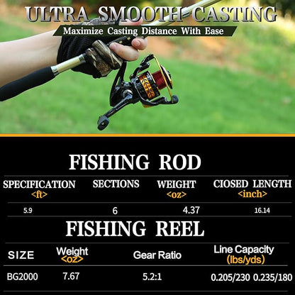 Telescopic Fishing Rod and Reel Combo – Collapsible 5.9ft Fishing Pole with Spinning Reel & Carry Bag, Travel Fishing Starter Kit for Beginners & Gifts