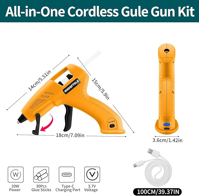 Cordless Hot Glue Gun, 20W Glue Gun with 30 Glue Sticks, 90S Fast Preheating, 2600mAh USB-C Rechargeable Hot Melt Gun for DIY Crafts, Gift Making, Home Repairs & Decoration, Gift Making (Yellow)