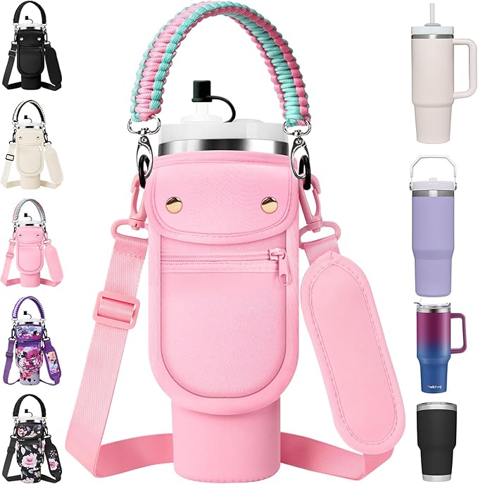 Water Bottle Carrier Bag with Phone Pocket for Stanley 40/30 oz Tumbler Neoprene Insulated Mug Sleeve Pouch with 2 Pockets & Adjustable Strap & Straw Cover for Stanley Cup Accessories