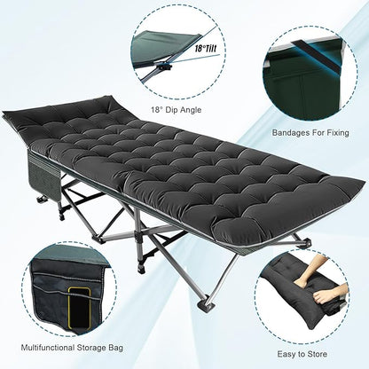 Camping Folding Cot with Mattress for Adults with 600lbs Max Load, Heavy Duty 28" Wide Portable Sleeping Camp Cot with Carry Bag for Home, Office, Travel - Black