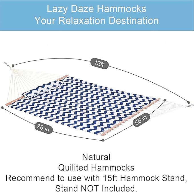Lazy Daze Hammocks 12FT Quilted Fabric Double Hammock with Spreader Bars and Detachable Pillow, 2 Person Hammock for Outdoor Patio Backyard Poolside, 450 LBS Weight Capacity, Blue Chevron Stripe