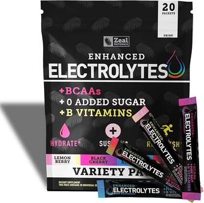 Zeal Naturals Enhanced Electrolyte Powder Stick Packs (Variety Pack - 20 Packets) Sugar Free + BCAA B-Vitamins & Pink Himalayan Salt - Keto Electrolytes, Hydration Powder
