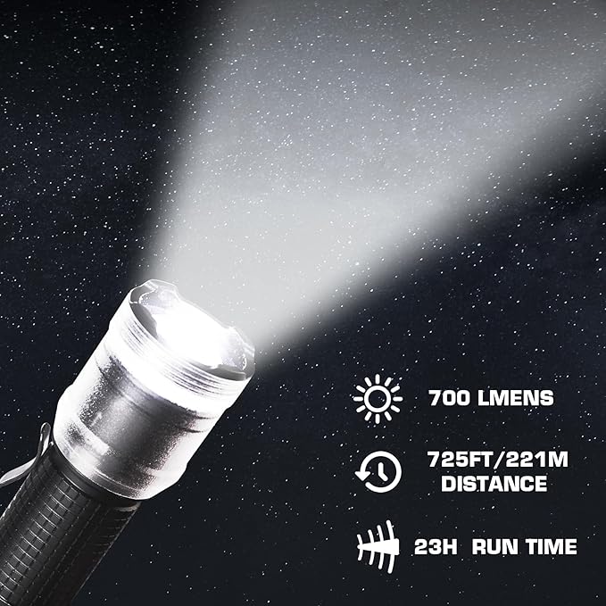 HAUTMEC 700 Lumens Rechargeable Flashlights Waterproof LED Flashlight with Zoomable Beam Bright Tactical Pocket Flashlight Torch with Adjustable 4 Modes for Camping, Outdoor, Hiking, Emergency