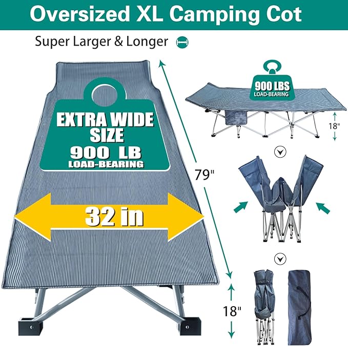 XXL Camping Cot with Mattress Oversize 32" Width Folding Cot Heavy Duty Comfortable Cots for Sleeping Guest Bed with Carry Bag Portable Easy to Set-up for Home Travel Outdoor 79" x 32" x 18"