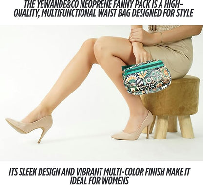 Yewande&co Neoprene Fanny Pack Belt Bag – Lightweight Waterproof Waist Bag with Adjustable Strap, 3 Zippered Pockets, Crossbody Belt Bag for Travel, African Design Crossbody Bags (Bush)