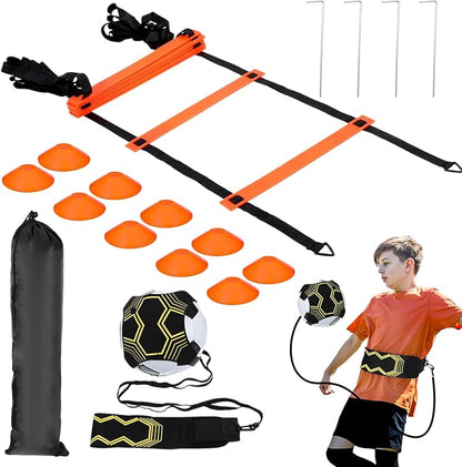 Pro Agility Ladder Soccer Kick Trainer Set 20ft 12 Rung 10 Cones and 4 Stakes Speed Agility Football Training Equipment with Carrying Bag ﻿