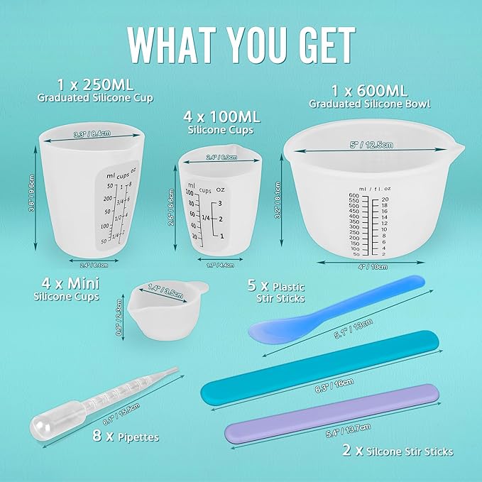 Silicone Resin Mixing Measuring Cups for Resin Supplies, Easy-to-read Marks, 600ml/20oz Bowl, 250&100ml Thickened Reusable Silicone Cups for Epoxy Mixing, with Stir Sticks, Jewelry Making