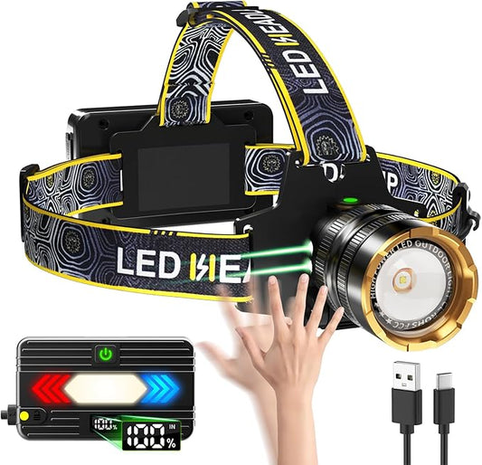 Bud K Headlamp 1000 Lumens Rechargeable LED Head Lamp with Sensor, Super Bright Headlight Outdoor, 12 Lighting Modes, IPX7 Waterproof and Zoomable, Headlamps for Adults Camping Hiking Running
