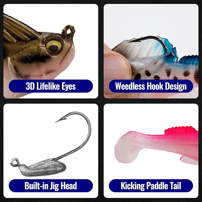 Soft Fishing Lures 5pcs Kit with Tackle Box Weedless Paddle Tail Swimbaits for Bass Trout Crappie Walleye Freshwater Saltwater Life Like Action Durable Plastic Sharp Hooks