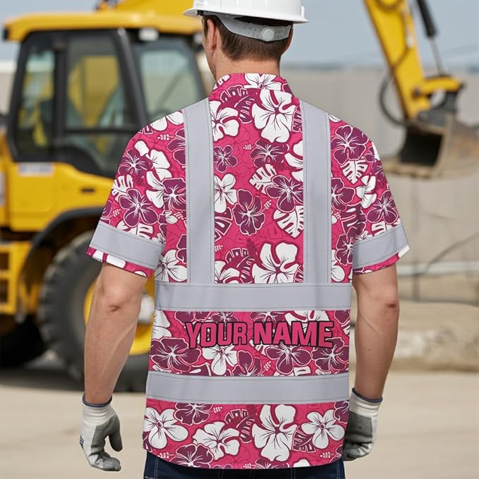 High Visibility Hawaiian Shirt for Men Tropical Shirts Custom Name Floral Outfit Reflective Safety Workwear