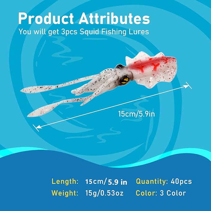 Squid Fishing Lures Large Simulation Luminous Artificial Lures Baits with 3D Holographic Eyes & Treble Hook, Built in Lead Blocks, Lifelike Plastic Fishing Soft Lures for Saltwater Fishing