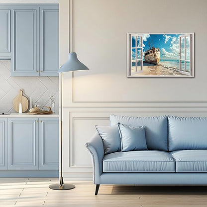ANRUOXI Beach Pictures Wall Art Decor for Living Room, Blue Ocean Painting Decor for Bedroom, White Window Frame Style Broken Ship Canvas Wall Decor, Coastal Landscape Artwork for Offices 24x36 Inch