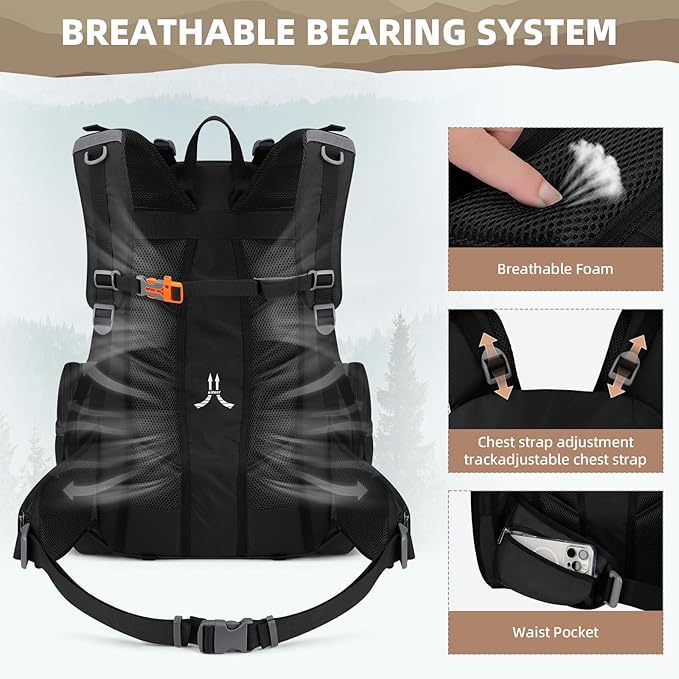 Maelstrom Hiking Backpack, 40L Waterproof Camping Daypack for Men and Women, Lightweight Travel Pack with Rain Cover-Black