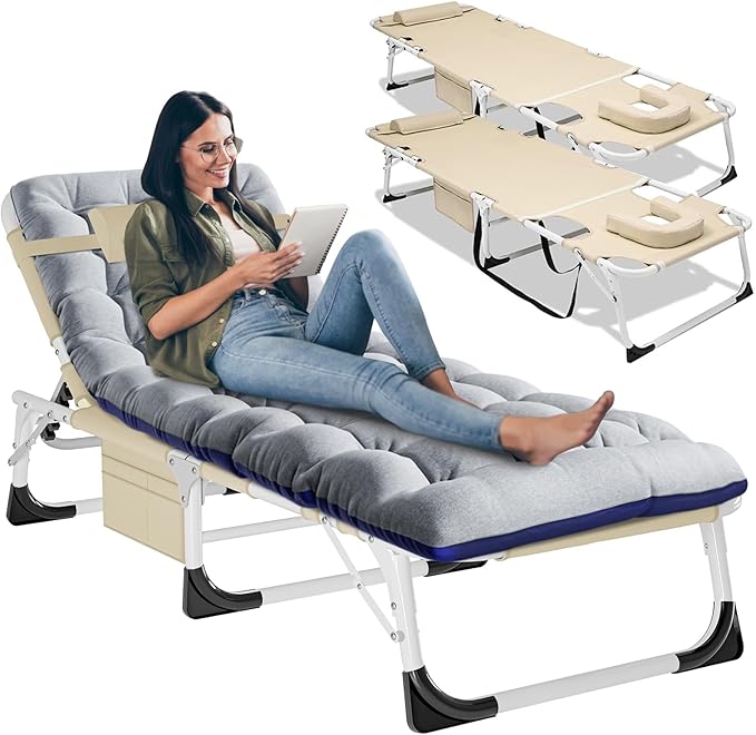 LILYPELLE 5-Position Folding Chaise Lounge Chair with Mattress, Beach & Patio Use, Khaki