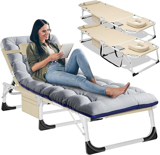LILYPELLE 5-Position Folding Chaise Lounge Chair with Mattress, Beach & Patio Use, Khaki