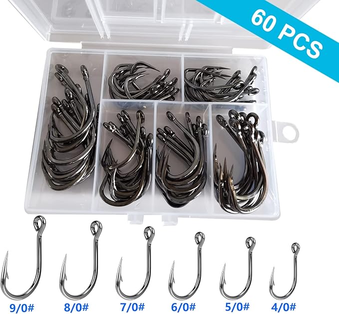 60PCS/Box DERKERL Fishing Hooks, Extra Strong Fish Hooks Stainless Steel Fishing Hooks 6 Sizes: 4/0 5/0 6/0 7/0 8/0 9/0#