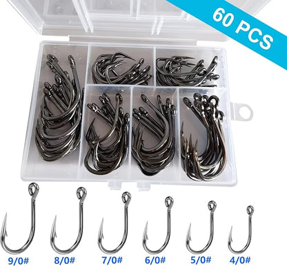 60PCS/Box DERKERL Fishing Hooks, Extra Strong Fish Hooks Stainless Steel Fishing Hooks 6 Sizes: 4/0 5/0 6/0 7/0 8/0 9/0#