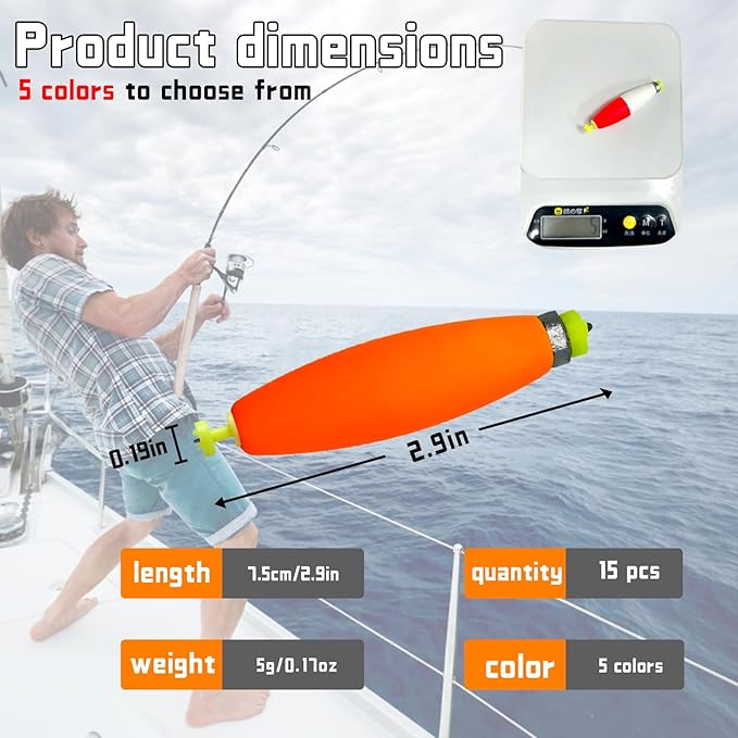 15 PCS Fishing Bobbers Floats EVA Foam Weighted Bobbers Snap-On Peg Floats Oval Fishing Bobbers for Bass Trout Crappie