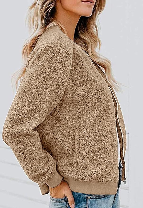 MIROL Women's Fall Trendy Fleece Jacket Faux Sherpa Fuzzy Casual Long Sleeve Zip Up Loose Fit Bomber Winter Coat