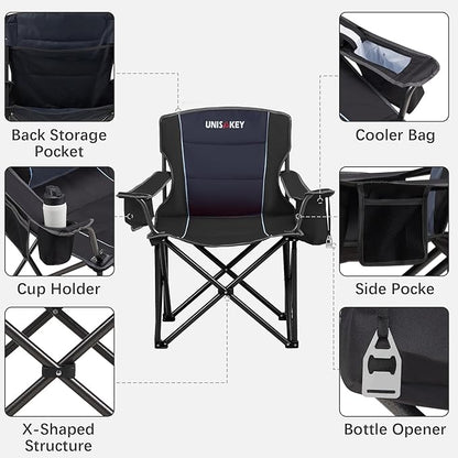 Oversized Folding Camping Chair for Adults - 450lbs Support - Heavy Duty Portable Lawn Chairs with Side Pocket Cup Holder Cooler Bag for Sports Garden Beach Fishing, Black
