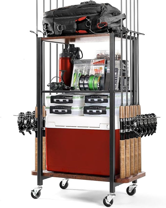 Ghosthorn Fishing Rod Holders for Garage Fishing Gear and equipment Rotating Tackle Storage Cart Pole Rod Rack Hold up to 10 Rods
