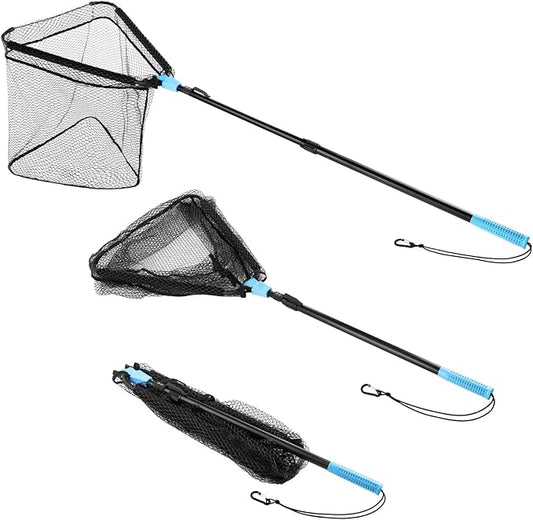 Calamus Triangle Fishing Net, Foldable, Lightweight & Strong Landing Net with Non-Slip Elastomer Handle, Built-in Elastic Lanyard and Belt Clip, Fishing Gear - Gift for Men