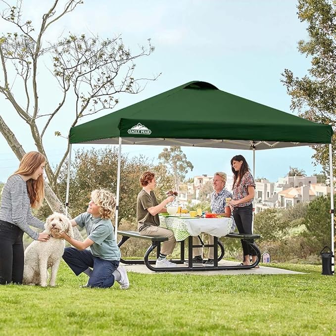 EAGLE PEAK Pop Up Canopy Tent with Wheeled Carry Bag, 8 Stakes, 4 Ropes, 4 Weight Bags, Easy Set Up Tent Canopy, 10x10 ft, 100sqft of Shade, Green