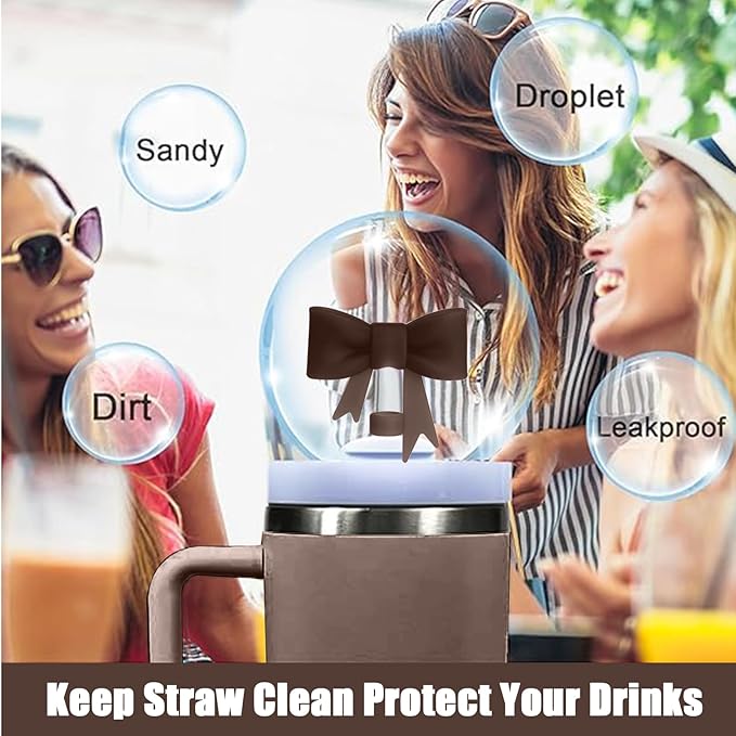 4Pcs Silicone Straw Toppers Covers for Stanley Cups 40/30oz 10mm(0.4in) Chocolate Dust-Proof Bow Straw Covers Toppers Suitbale for Stanley Cup Accessories Reusable Straws Caps
