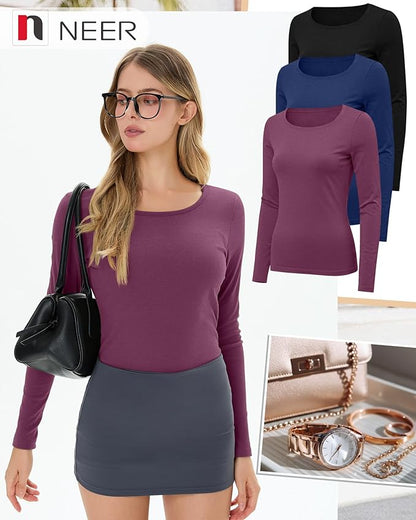 Neer 3 Pack Women's Thermal Shirts Long Sleeve Crew Neck Fleece Lined Undershirts Slim Fit Basic Tops Winter Base Layer