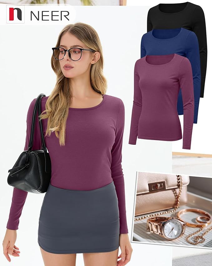 Neer 3 Pack Women's Thermal Shirts Long Sleeve Crew Neck Fleece Lined Undershirts Slim Fit Basic Tops Winter Base Layer