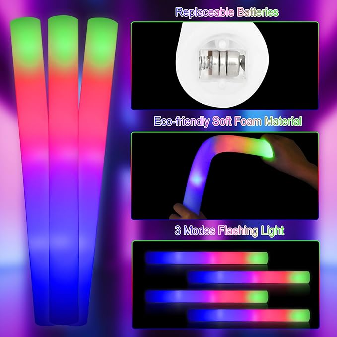 Taotuo Glow Stick Bulk 45 Pcs LED Foam Glow Sticks Party Supplies with 3 Flashing Modes,Glow Sticks Party Pack, Glow in Dark Party Supplies for Wedding, Raves, Concert,Christmas
