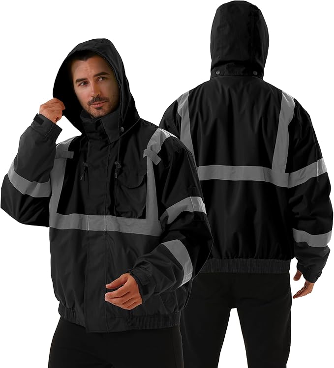 3 in 1 Safety jacket,Reflective high Visibility Hooded jacket,Hi Vis Bomber Jacket shell and fleece lining,Waterproof,ANSI Class 3 Black,6XL