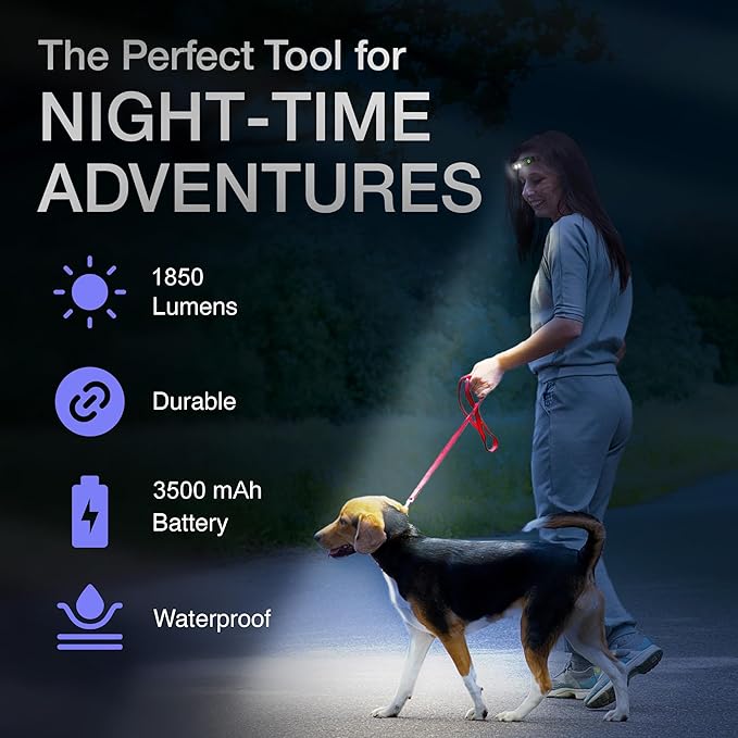 K-Bern Rechargeable Headlamp - 1850 Lumen, Ultra Bright Head Lights for Forehead. Waterproof, Lightweight, Aluminum, UL Listed 3500mAh Battery, Perfect for Dog Walking, Camping, Hiking & Hard Hats
