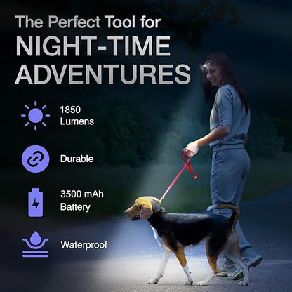 K-Bern Rechargeable Headlamp - 1850 Lumen, Ultra Bright Head Lights for Forehead. Waterproof, Lightweight, Aluminum, UL Listed 3500mAh Battery, Perfect for Dog Walking, Camping, Hiking & Hard Hats