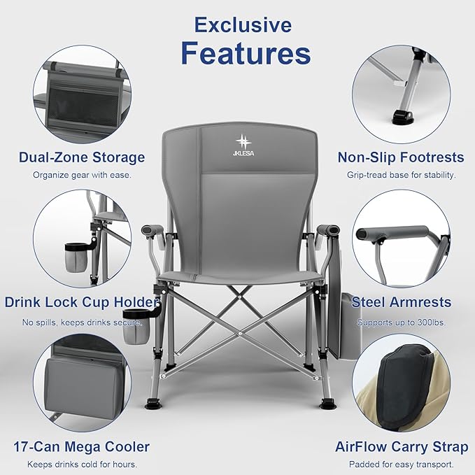 XL Heavy Duty Camping Chair 396lb Capacity (525lb MAX) - Waterproof 1680D Oxford - Oversized 2" Thick Padded Seat with Cup Holder & Cooler - Portable for Camping, Beach, Tailgating Solid Slate